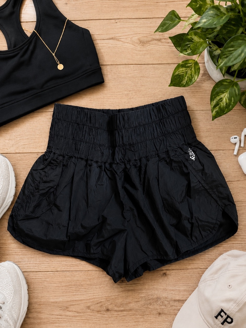 FP Movement by Free People Black High-Rise Smocked Waist Athletic Shorts